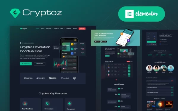 Cryptoz Cryptocurrency Landing Page Elementor WordPress Theme 1.1.0 GPL Theme